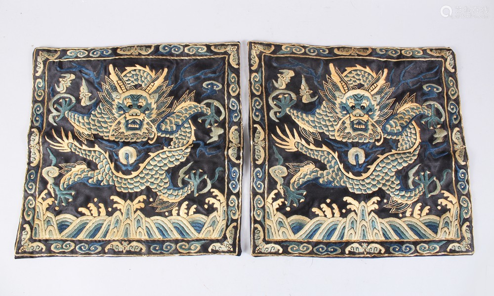 a pair of 19th / 20th century chinese embroidered silk dragon