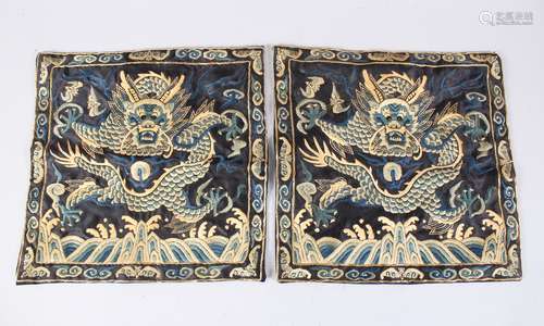 A PAIR OF 19TH / 20TH CENTURY CHINESE EMBROIDERED SILK DRAGON AWARD, both finely embroidered with