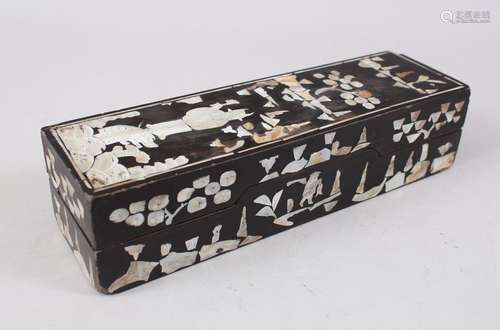 A 19TH CENTURY CHINESE HARDWOOD & MOTHER OF PEARL INLAID LIDDED BOX, the inlaid decoration depicting