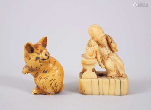 A GOOD JAPANESE EDO PERIOD IVORY NETSUKE OF A SAGE, 4cm high x 3.2cm wide, together with a carved