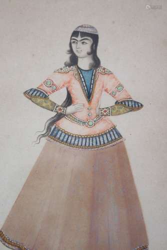 AN EARLY 19TH CENTURY PERSIAN WATERCOLOUR PICTURE OF A YOUNG LADY, 17cm x 10cm, framed and glazed.