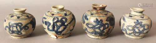 A GROUP OF FOUR SIMILAR CHINESE WANLI PERIOD SHIPWRECK BLUE & WHITE PORCELAIN JARS. approx 7cm