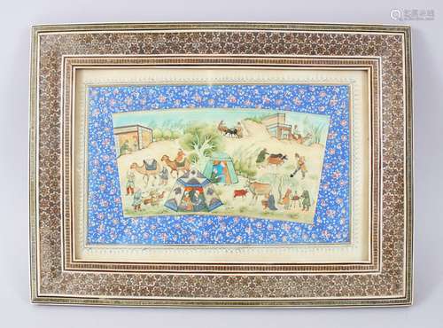 A PERSIAN PAINTING ON IVORY, tents, figures on camels and cows, 10cm x 20cm in a mosaic frame.