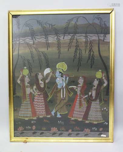 A 19TH-20TH CENTURY FRAMED INDIAN PAINTING ON TEXTILE depicting a blue skin god playing his flute