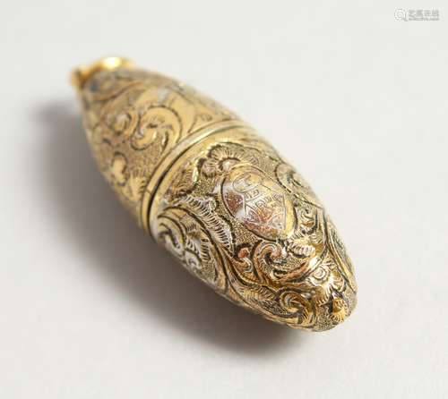 A VICTORIAN ENGRAVED SILVER GILT BULLET SHAPED SCENT BOTTLE. 4.5cmslong.