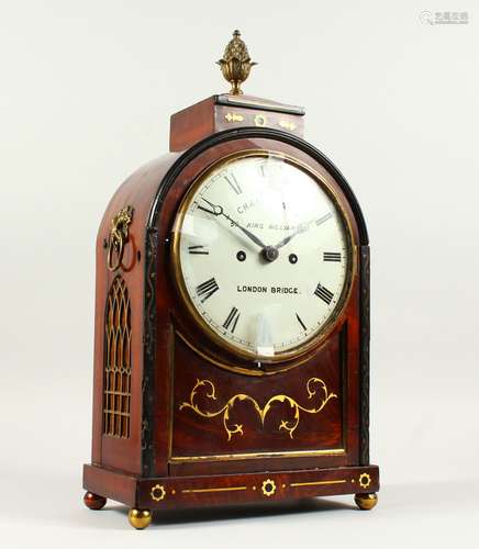 A REGENCY MAHOGANY BRASS INLAID MANTLE CLOCK BY CHARLES LEACH, 52 KING WILLIAM STREET, LONDON