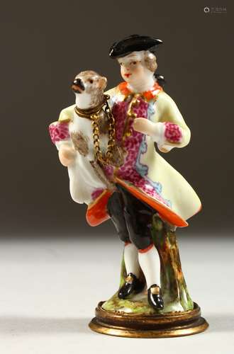 A GOOD 19TH CENTURY CONTINENTAL FIGURAL PORCELAIN SCENT BOTTLE, modelled as a young man holding a