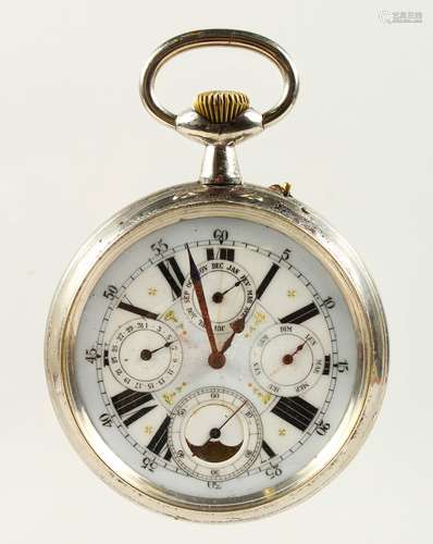 A LARGE LATE 19TH CENTURY POCKET WATCH, white enamel dial with Roman numerals and four subsidiary