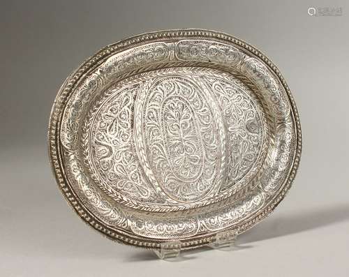 A MALTESE SILVER OVAL FILIGREE DISH, 16cms long.