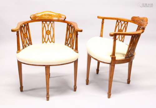 A PAIR OF EDWARDIAN SATINWOOD AND MARQUETRY OPEN ARMCHAIRS, with pierced splats, overstuffed seats