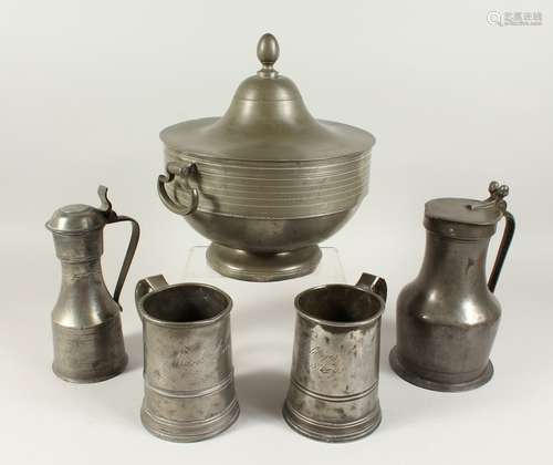 FIVE PIECES OF 18TH - 19TH CENTURY PEWTER, a punch bowl and cover, two mugs engraved and two