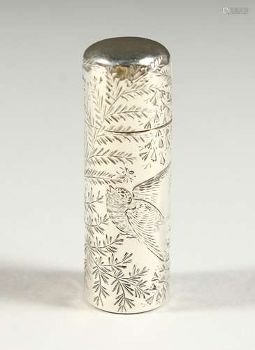 A GOOD VICTORIAN SILVER SCENT BOTTLE engraved with a bird and foliage, with frosted glass stopper.