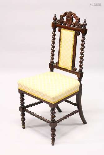 A GOOD SET OF EIGHT VICTORIAN ROSEWOOD AND UPHOLSTERED CHAIURS, with carved and pierced crestings,