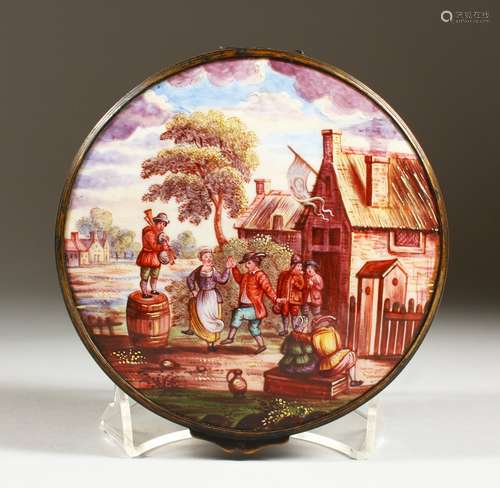 A 19TH CENTURY CONTINENTAL ENAMEL CIRCULAR BOX, the hinged cover painted with merry making figures