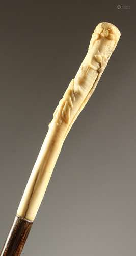 A GOOD EUROPEAN CARVED IVORY WALING STICK with Chinese carved scene. 3ft 1in long.