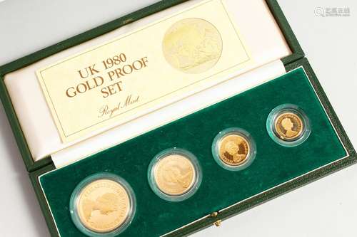 A UK 1980 GOLD PROOF SET. FIVE POUND, TWO POUND, SOVEREIGN, HALF SOVEREIGN in a Royal Mint case.