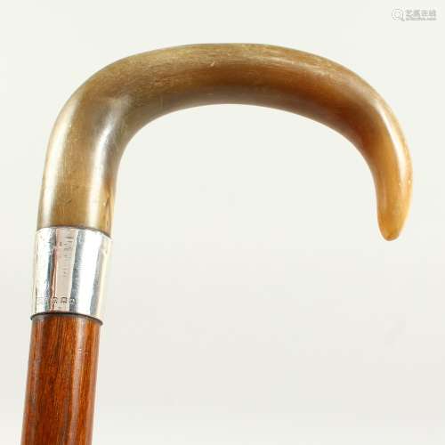 A WALKING STICK with Rhino curving handle and silver band. London 1921. 2ft 10ins long.