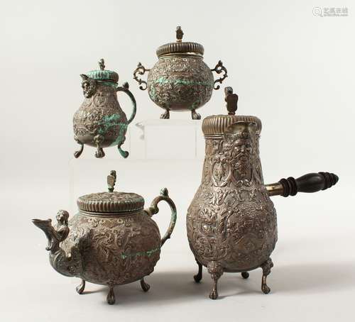 A SUPERB GROOT BOERSMA DUTCH SILVER FOUR PIECE TEA SET AND CHOCOLATE POT, comprising teapot,