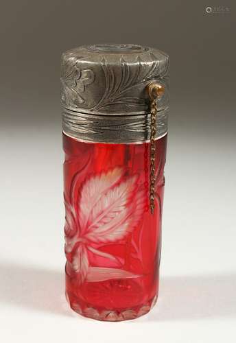 A FRENCH, CIRCA 1920, RUBY CAMEO GLASS ATOMISER FOR PERFUME, with engraved plated top. 13cms high