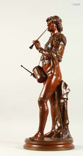 EMILE LOUIS PICAULT (1833-1915) FRENCH, A GOOD LARGE BRONZE STANDING MALE FIGURE playing a wind