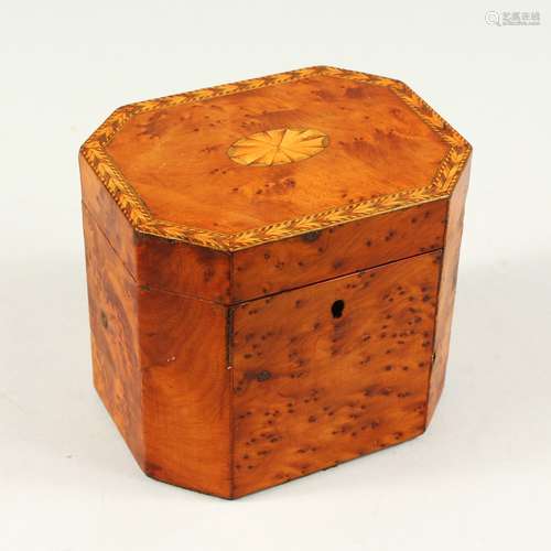 A GEORGE III YEW WOOD TEA CADDY, with fan and herringbone inlay. 11cms high.