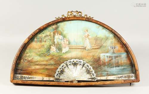 A GOOD FRAMED AND GLAZED 18TH-19TH CENTURY FRENCH MOTHER-OF-PEARL FAN, painted with a classical