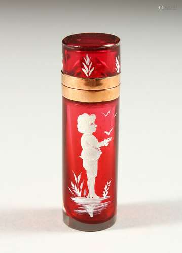 A SUPERB VICTORIAN RUBY GLASS AND GOLD MOUNTED DRUM SHAPED SCENT BOTTLE AND STOPPER with a Mary