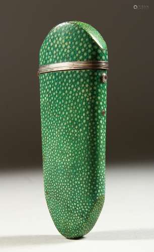 A GEORGE III SHAGREEN CASED GLASS SCENT BOTTLE. 12.5cms long.