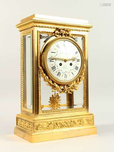 A VERY GOOD 19TH CENTURY FRENCH ORMOLU FOUR GLASS MANTLE CLOCK, with eight day movement striking