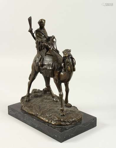 AFTER A. LEONARD (1841-1923) FRENCH A BRONZE GROUP, man riding a camel. Signed A. LEONARD. 29cms