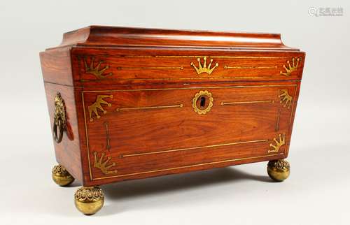 A GOOD REGENCY ROSEWOOD BRASS INLAID TWO-DIVISION TEA CADDY, on brass ball feet, brass handles to