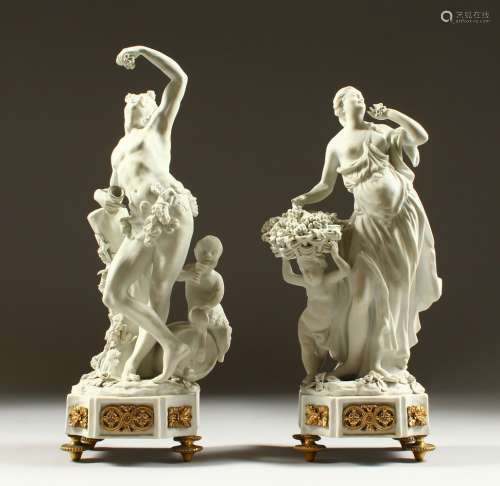 A LOVELY PAIR OF SEVRES WHITE BISCUIT PORCELAIN FIGURES of a semi-naked man and a woman depicting