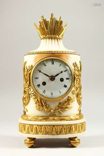 A 19TH CENTURY FRENCH ORMOLU AND MARBLE MANTLE CLOCK, with eight day movement striking on a bell,