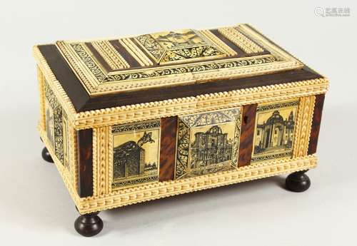 A SOUTH AMERICAN TORTOISESHELL AND IVORY CASKET with etched ivory panel Santo Domingo etc. on ball