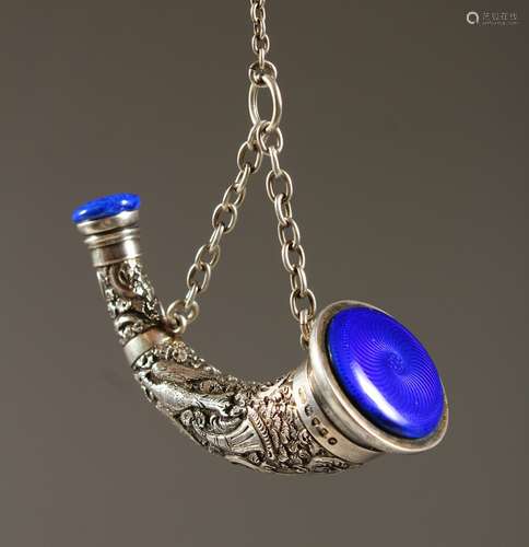 A VERY GOOD VICTORIAN SILVER NOVELTY HORN SHAPED SCENT BOTTLE with blue enamel top and lapis-