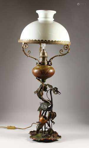 A VERY GOOD AUSTRIAN BRONZE LAMP as a crane standing amidst lily leaves and stems.