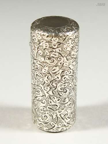 A VICTORIAN ENGRAVED SILVER SCENT BOTTLE by SAMPSON MORDAN with plain glass stopper. London 1889.