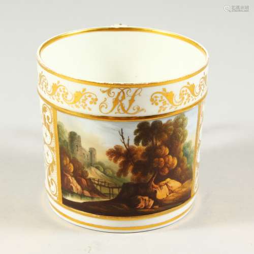 A CROWN DERBY MUG painted with a scene of a rustic bridge leading to a castle. 3.5ins high.
