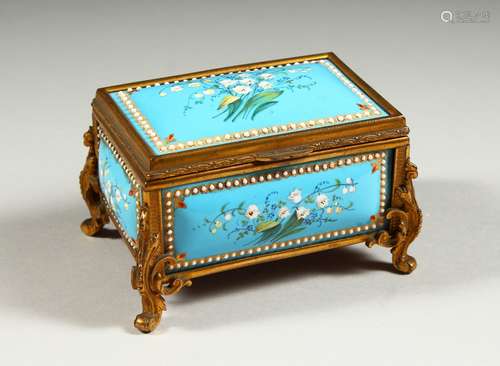 A GOOD 19TH CENTURY BLUE ENAMEL AND ORMOLU MOUNTED HINGED CASKET AND COVER, each panel painted