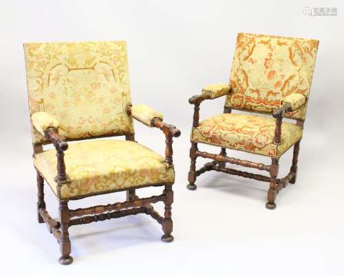 A GOOD PAR OF 19TH CENTURY WALNUT FRAMED OPEN ARMCHAIRS, with tapestry upholstered backs, arms and