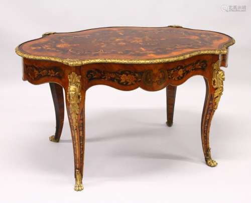 A VERY GOOD LOUIS XVI STYLE FRENCH MARQUETRY AND ORMOLU CENTRE TABLE, the shaped top inlaid with