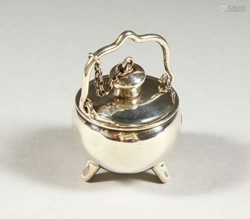 A RARE VICTORIAN NOVELTY SILVER CAULDRON SHAPED SCENT BOTTLE with swing handle and chain on three