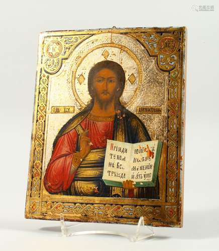 A 19TH CENTURY ICON on olive wood. 8.5ins x 7ins.