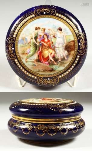 A VIENNA BOX AND COVER, rich blue ground with gilded decoration, the cover painted with classical