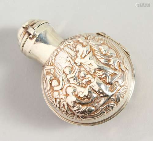 A GOOD VICTORIAN CIRCULAR GLASS SCENT BOTTLE AND STOPPER in a folding silver case repousse. London