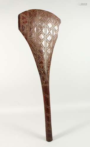 A FIJIAN DUI CLUB, probably Tongan, of broad paddle form with incised decoration. 84cms long x 28cms