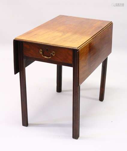 A GEORGE III MAHOGANY PEMBROKE TABLE, with a drawer to one end, on moulded square legs. 80cms long x