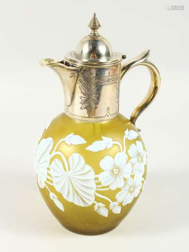 A VERY GOOD WEBB'S YELLOW CAMEO GLASS JUG with plated mount, lid and handle, the body decorated with
