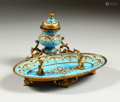 A GOOD SMALL 19TH CENTURY BLUE ENAMEL AND ORMOLU DESK STAND, with inkwell and pen tray, painted with