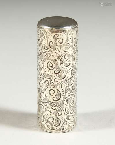 A GOOD VICTORIAN SILVER SCENT BOTTLE engraved with scrolls, with glass stopper. Birmingham 1897.